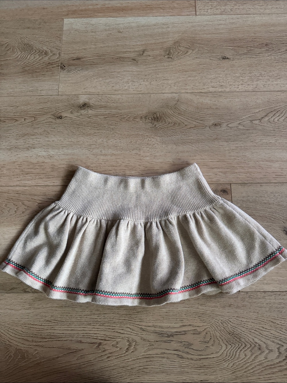 Beige Knit Flared Girls 7-8 years Skirt with Decorative Hem